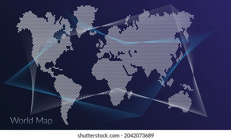 Concepto de seguridad de la información mundial. Un mapa abstracto del mundo compuesto de hexágonos. Hex metálico sobre un fondo degradado azul.