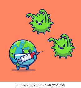 World Inject Corona Virus Vector Icon Illustration. Corona Mascot Cartoon Character. World Icon Concept White Isolated. Flat Cartoon Style Suitable for Web Landing Page, Banner, Flyer, Sticker, Card