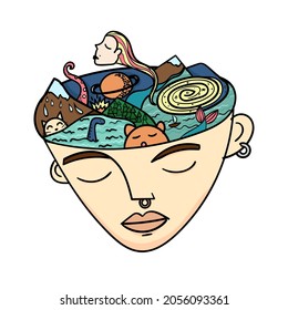 World inside man's head. Cartoon illustration. Universe, concept