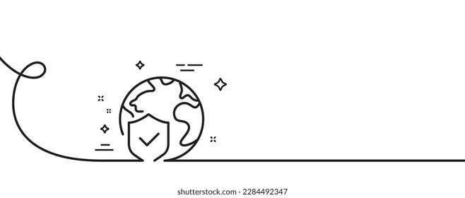 Icono de la línea de seguro mundial. Una línea continua con curl. Signo de protección comercial global. Símbolo de seguridad de Internet. Cinta de esquema único del seguro mundial. Patrón de curva de bucle. Vector