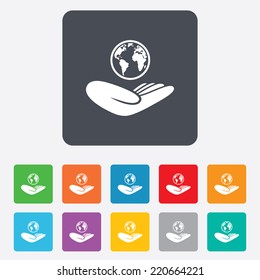 World insurance sign. Hand holds planet symbol. Travel insurance. World peace. Rounded squares 11 buttons. Vector