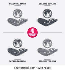 World insurance sign. Hand holds planet symbol. Travel insurance. World peace. Diagonal and horizontal lines, classic outline, dotted texture. Pattern design icons.  Vector
