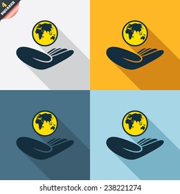 World insurance sign. Hand holds planet symbol. Travel insurance. World peace. Four squares. Colored Flat design buttons. Vector