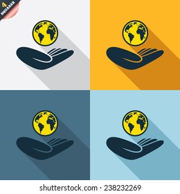 World insurance sign. Hand holds planet symbol. Travel insurance. World peace. Four squares. Colored Flat design buttons. Vector