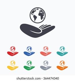World insurance sign. Hand holds planet symbol. Travel insurance. World peace. Colored flat icons on white background.