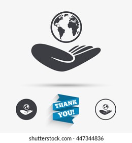 World insurance sign. Hand holds planet symbol. Travel insurance. World peace. Flat icons. Buttons with icons. Thank you ribbon. Vector