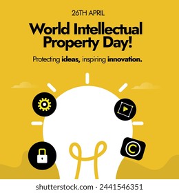 World Intellectual Property day. 26th April World Intellectual property day celebration banner to promote the importance of balanced IP. Building our common future with innovation and creativity.