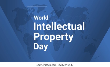 World Intellectual Property Day inetrnational holiday card. Poster with earth map, blue gradient lines background, white text. Flat style design banner. Vector illustration.