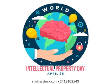 Ilustración de vectores del Día Mundial de la Propiedad Intelectual el 26 de abril con bombilla de luz y cerebro para la innovación y el concepto de creatividad