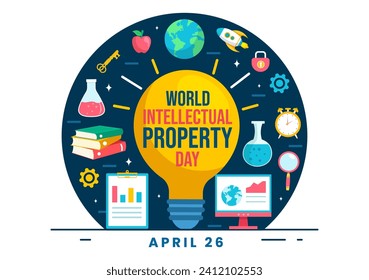 Ilustración de vectores del Día Mundial de la Propiedad Intelectual el 26 de abril con bombilla de luz y cerebro para la innovación y el concepto de creatividad