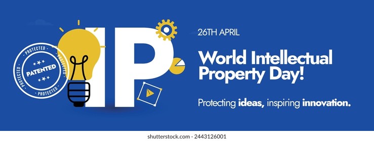 World Intellectual Property day.26 April World IP day celebration cover banner with light bulb in yellow colour with IP written on purple colour background. Protecting ideas for better business.