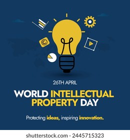 Día Mundial de la Propiedad intelectual.26 de abril Día Mundial de la Propiedad intelectual Anuncio de sensibilización con bombilla e íconos de engranajes, gráficos.Anuncio para fomentar la construcción de nuestro futuro común con la innovación.