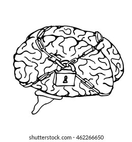 World intellectual property protect. Brain in lock. Hand drawn vector stock illustration. Black and white whiteboard drawing.