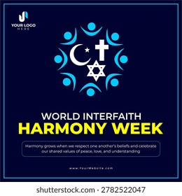 World Interfaith Harmony Week awareness poster in blue theme featuring a modern minimal design. Represents peace, religious harmony, tolerance, mutual respect, and unity among people of different faiths and cultures. Ideal for social media campaigns, educational institutions, nonprofit organizations, and global initiatives promoting interfaith dialogue and peaceful coexistence.