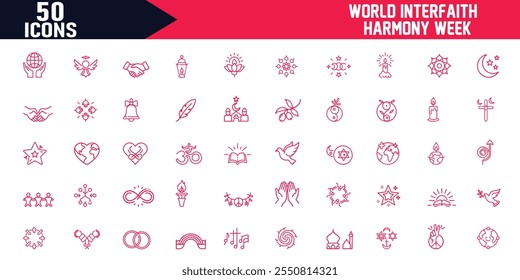 World Interfaith Harmony Week Editable Stroke Outline Icons , Holiday Concept for Backgrounds, Banners, Placards, Cards, Posters ,Vector Illustration