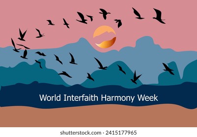 World Interfaith Harmony Week poster with flying birds on sunset background