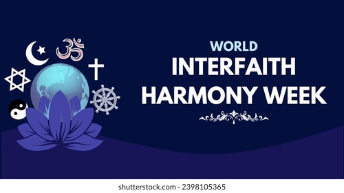 World interfaith harmony week, religion icons with earth and lotus flower Aesthetic Design art