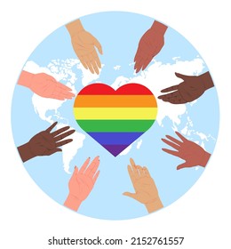 World international day against homophobia. Vector idahot poster. Banner, card with rainbow heart and hands illustration. Bisexual, homosexual and lesbian human equality and rights