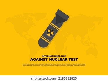 World International day against nuclear test banner poster. With big rocket on yellow color background.