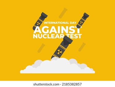 World International day against nuclear test banner poster. With flying rockets sky on yellow color background.