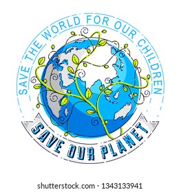 World international Earth Day concept, eco ecology, climate changes, Earth Day April 22, planet with ribbon and typing and floral leaves green growth, vector emblem or illustration isolated on white.