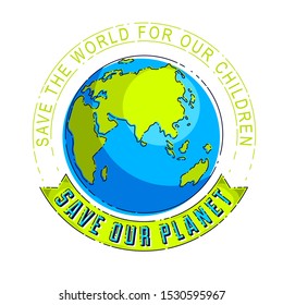 World international Earth Day concept, eco ecology, climate changes, Earth Day April 22, planet with ribbon and typing vector emblem or illustration isolated over white background.