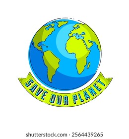 World international Earth Day concept, eco ecology, climate changes, Earth Day April 22, planet with ribbon and typing vector emblem or illustration isolated over white background.