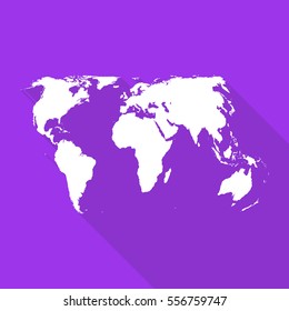 World, international white map, border. flat simple style with long shadow on purple background.