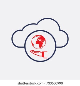 World Internet with Hand Icon and Cloud Symbol Flat Isolated Symbol