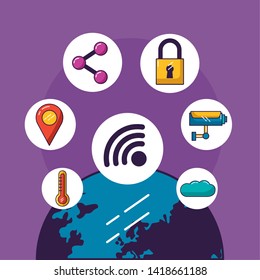 world internet surveillance cloud storage wifi free connection vector illustration