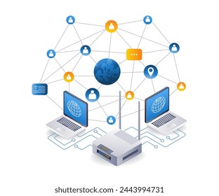 World internet usage network concept, flat isometric 3d illustration