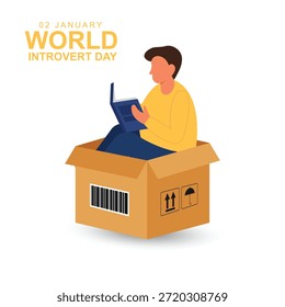 Fundo do Dia Mundial da Introversão. Homem lê livro isolado na caixa