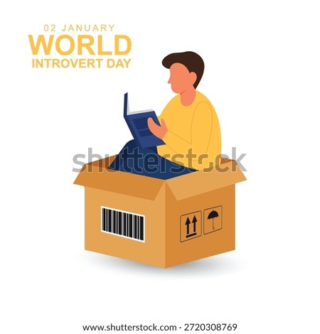 World Introvert Day background. Man is reading a book isolated in box