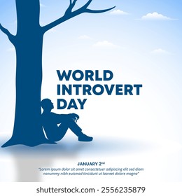 World Introvert Day background with a silhouette of a man sitting alone below a tree