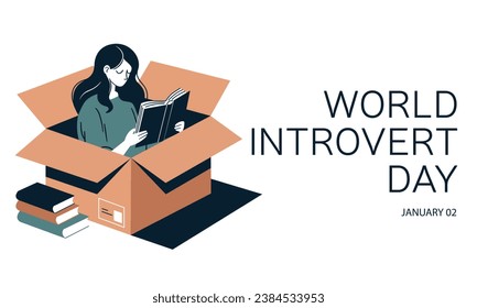 World Introvert Day banner. Woman is reading a book isolated in box. Introvert woman read book. Hand drawn vector illustration.