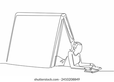 World Introvert Day. Continuous one line drawing of beauty young woman reading a book. lying down under big book. Book camp concept for shy people. Annual event. Single line vector illustration 