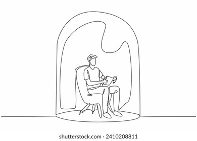 World Introvert Day. Continuous single line draw of young lonely man reading book while sitting on sofa chair inside glass dome. Loneliness guy looking for peace. Psychological problems, mental health