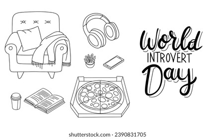 World Introvert Day doodle banner. Set of outline thighs for Introvert in doodle style. Hand drawn vector art.