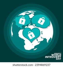 World Introvert Day event banner. A heart, brain and bubble text each containing a padlock on earth with bold text on dark turquoise background to commemorate on January 2