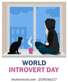 
Dia Mundial do Introvertido. 2 de janeiro. A menina se senta com um gato no peitoril da janela e desfruta da solidão. Modelo para plano de fundo, banner, cartão, cartaz