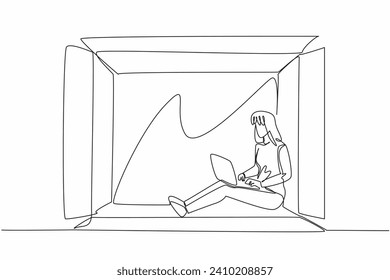 World Introvert Day. One continuous line drawing of young beautiful woman working, typing on laptop and sitting inside paper box. Lonely mental health problem. Single line vector art illustration