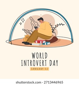 Afiche del Día Mundial del Introvertido. Un hombre introvertido se siente cómodo con su soledad