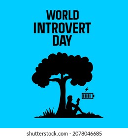 world introvert day poster, picture of an introverted man being alone under a tree. uitable for introverts day commemoration poster.