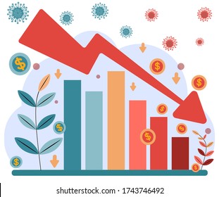 World Investment Price Fall Down from corona Virus Fear. corona virus 2019 impact global economy. Stock market down.  Stock market crisis red price arrow down chart fall. illustration.