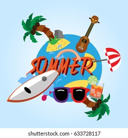 World island with summer elements. Glasses, guitar, surf table, drink.
