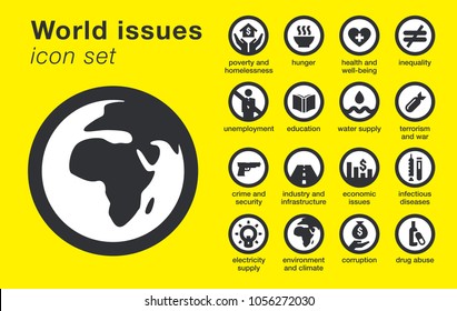 World issues icons set. Includes hunger, poverty, crime, unemployment, education, environment, economic, etc. Sustainability problems. Vector illustration.