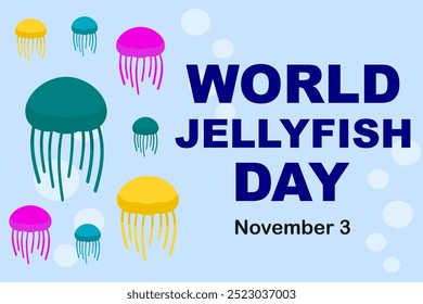 World Jellyfish Day. November 3. Holiday concept. Template for background, banner, card, poster. various colour of jellyfish. jellyfish day. ocean day