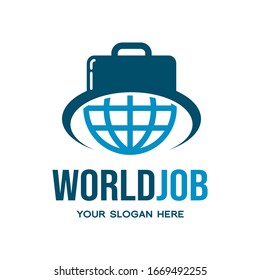 Plantilla de logotipo del vector de trabajo mundial. Este diseño utiliza el símbolo de bolsa y globo. Adecuado para negocios.