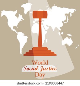 el día de la justicia mundial ilustración de vectores afiche y diseño de pancartas con silueta de mapa y martillo de juez con luz de foco y tipografía 