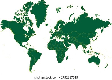 World Kashmir map in green color and yellow border on white background. Vector illustration.